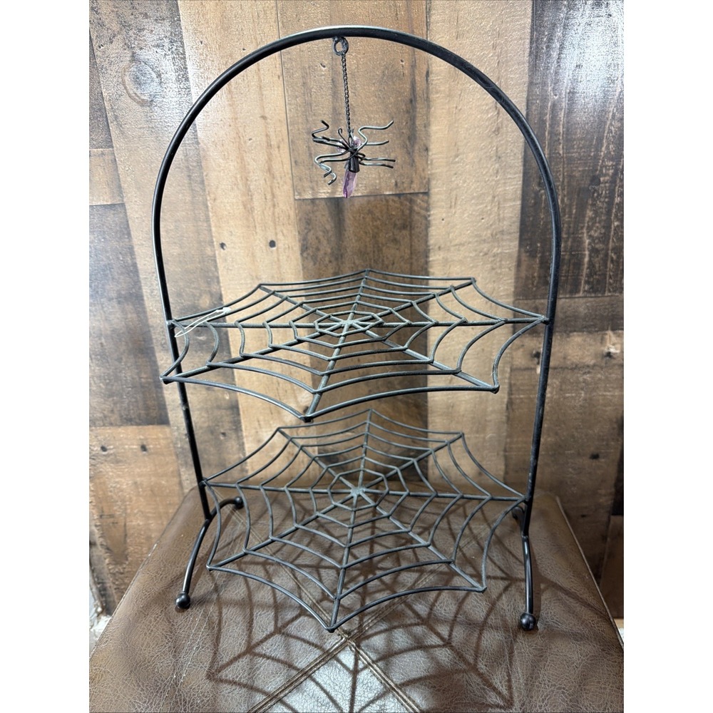 Halloween Black Wrought Iron Style 2 Tier Spiderweb Server Stand Desert Serving